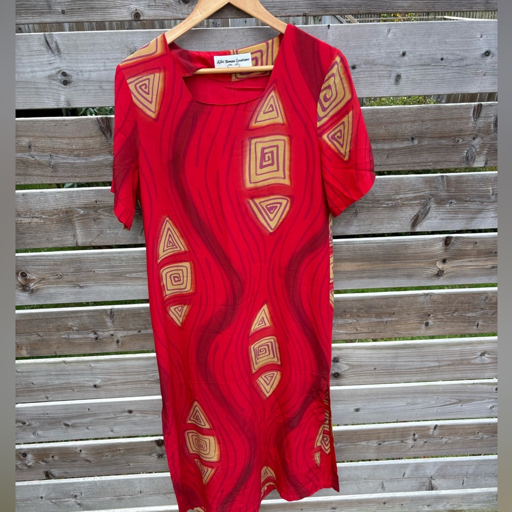 Aliki Yamani Creations 100% silk Red Geometric Patterned Dress size S-M